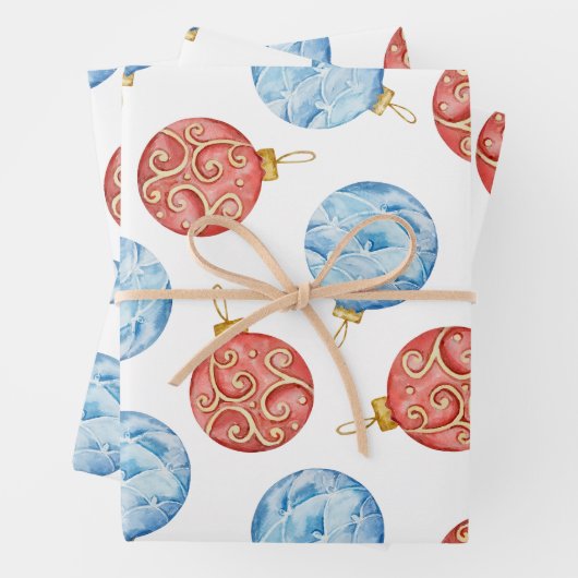 水彩赤と青のクリスマスオーナメント ラッピングペーパーシート (インサイチュ)