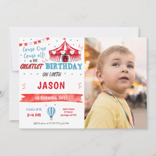 水彩赤と青のサーカスフォト招待状 招待状 (正面)