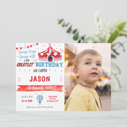水彩赤と青のサーカスフォト招待状 招待状 (スタンド正面)