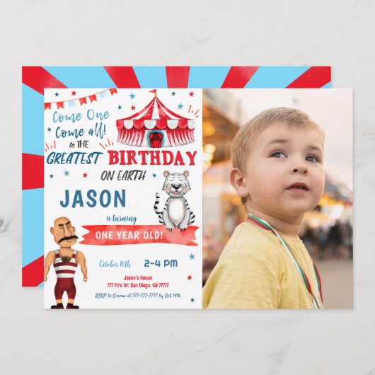 水彩赤と青のサーカスフォト招待状 招待状 (正面/裏面)