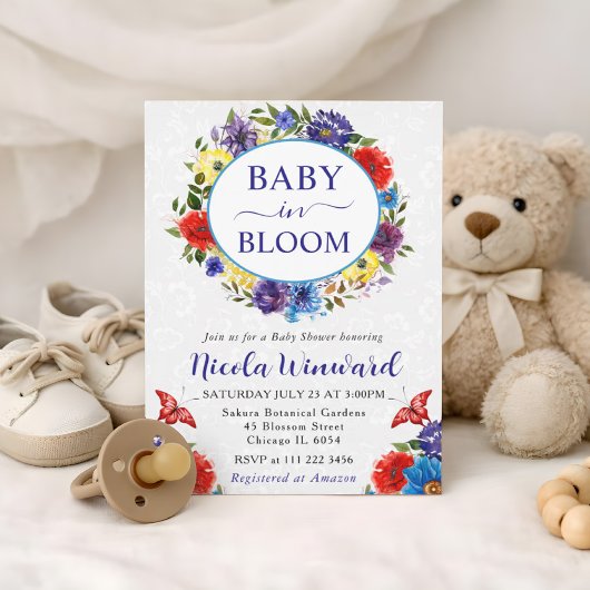 水彩赤と青のリースベビーシャワー 招待状