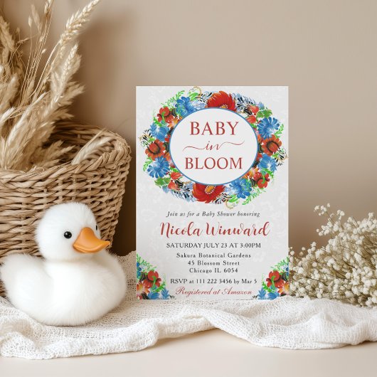 水彩赤と青のリースベビーシャワー 招待状