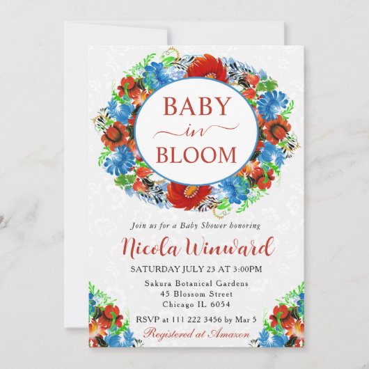 水彩赤と青のリースベビーシャワー 招待状 (正面)