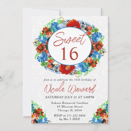 水彩赤と青のリース甘い16 招待状 (正面)