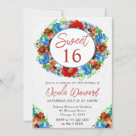 水彩赤と青のリース甘い16 招待状