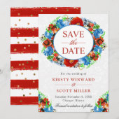 水彩赤と青のリース結婚 セーブザデート (正面/裏面)