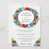 水彩赤と青のリース結婚 招待状 (正面)