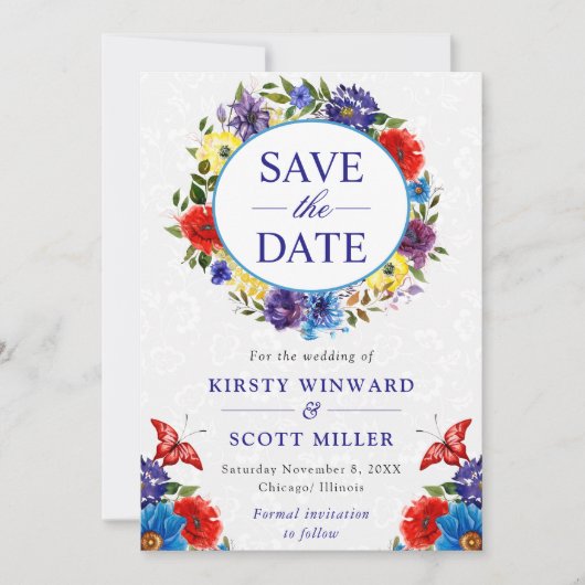 水彩赤と青の夏のリース結婚 セーブザデート (正面)