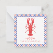 水彩赤と青の格子模様ロブスターギフトエンクロージャー ノートカード (正面)