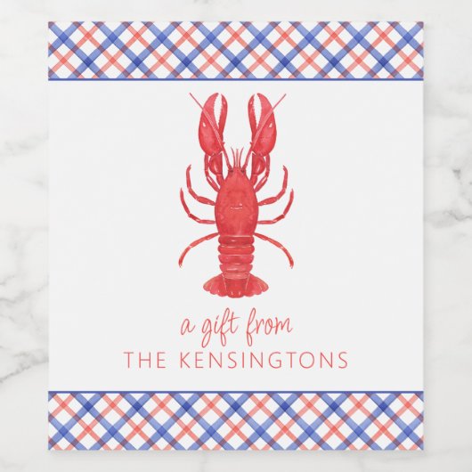 水彩赤と青の格子模様ロブスターギフトエンクロージャー ワインラベル (シングルラベル)