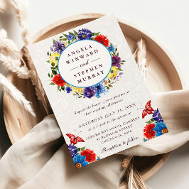 水彩赤と青の花のリース ウェディング 招待状