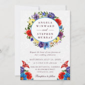 水彩赤と青の花のリース ウェディング 招待状 (正面)