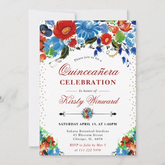 水彩赤と青の花キンセアニェラ 招待状 (正面)