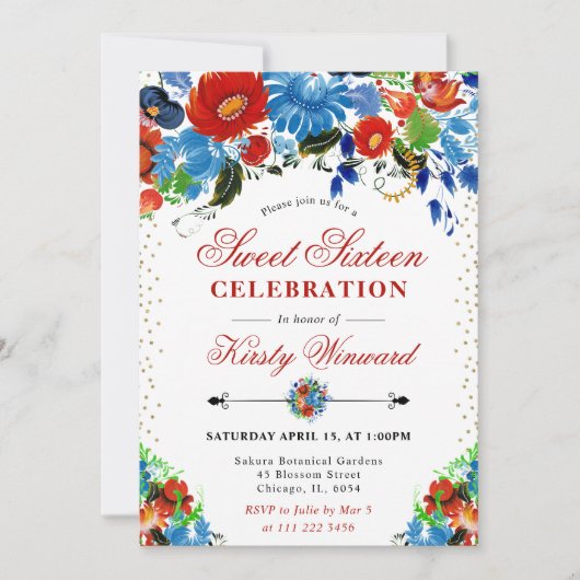 水彩赤と青の花甘い16 招待状 (正面)