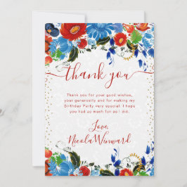水彩赤と青の花誕生日 サンキューカード