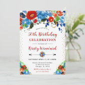 水彩赤と青の花50誕生日 招待状 (スタンド正面)