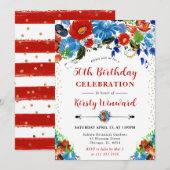 水彩赤と青の花50誕生日 招待状 (正面/裏面)