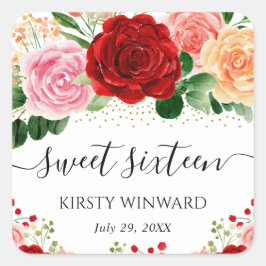 水彩赤と黄色のバラのSweet sixteen スクエアシール