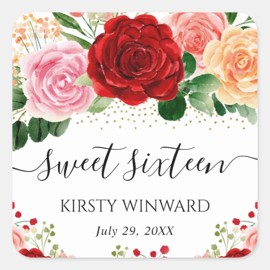 水彩赤と黄色のバラのSweet sixteen スクエアシール (正面)