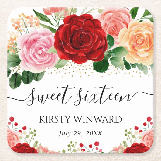 水彩赤と黄色のバラのSweet sixteen スクエアペーパーコースター (正面)