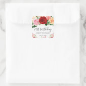 水彩赤と黄色のバラ誕生日 スクエアシール (バッグ)