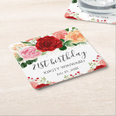 水彩赤と黄色のバラ誕生日 スクエアペーパーコースター (アングル)