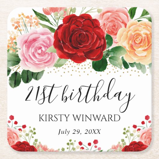 水彩赤と黄色のバラ誕生日 スクエアペーパーコースター (正面)