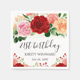 水彩赤と黄色のバラ誕生日 スタンダードカクテルナプキン