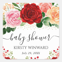 水彩赤と黄色のバラ赤ちゃんシャワー スクエアシール