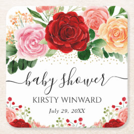 水彩赤と黄色のバラ赤ちゃんシャワー スクエアペーパーコースター