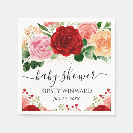 水彩赤と黄色のバラ赤ちゃんシャワー スタンダードカクテルナプキン (正面)
