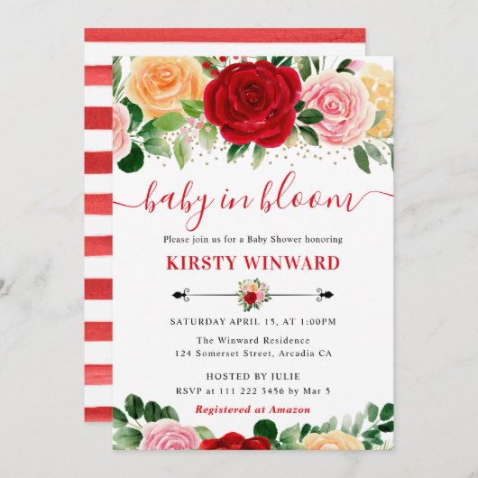水彩赤と黄色のバラ赤ちゃんシャワー 招待状 (正面/裏面)