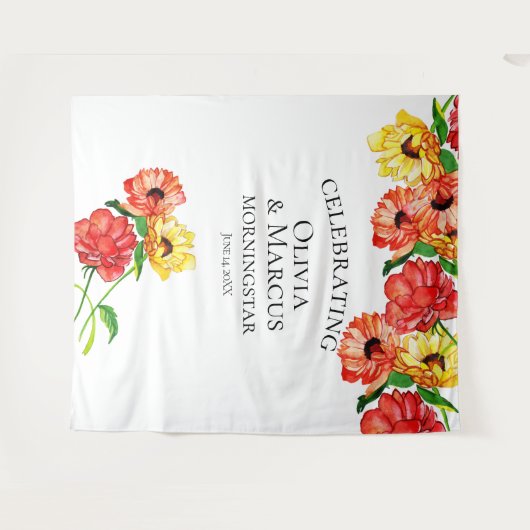 水彩赤と黄色の花の写真用背景 タペストリー (正面(横))