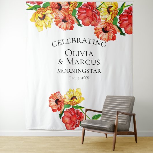 水彩赤と黄色の花の写真用背景 タペストリー (インサイチュ)