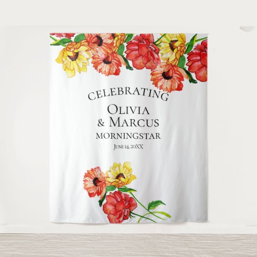 水彩赤と黄色の花の写真背景 タペストリー (正面)