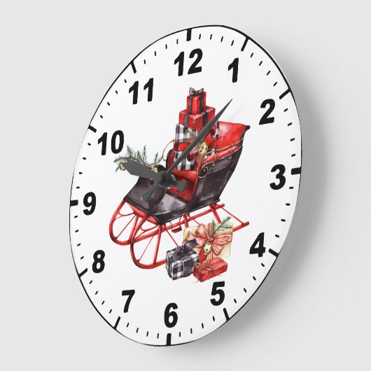 水彩赤と黒のそりの荷造りクリスマス ラージ壁時計 (傾斜)