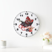 水彩赤と黒のそりの荷造りクリスマス ラージ壁時計 (ホーム)
