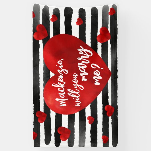 水彩赤と黒のハートが私の提案と結婚 横断幕 (縦)