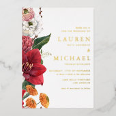 水彩赤アマリリスとキク結婚の 箔招待状 (正面)