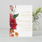 水彩赤アマリリスとキク結婚の 箔招待状 (立ち正面)