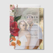 水彩赤アマリリスと秋のフローラ結婚ズ ベラム紙招待状 (オフセット (カップル))