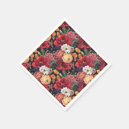 水彩赤アマリリスと菊のフローラ スタンダードカクテルナプキン (角)