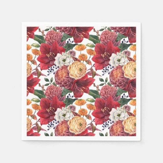 水彩赤アマリリスと菊のフローラ スタンダードカクテルナプキン (正面)