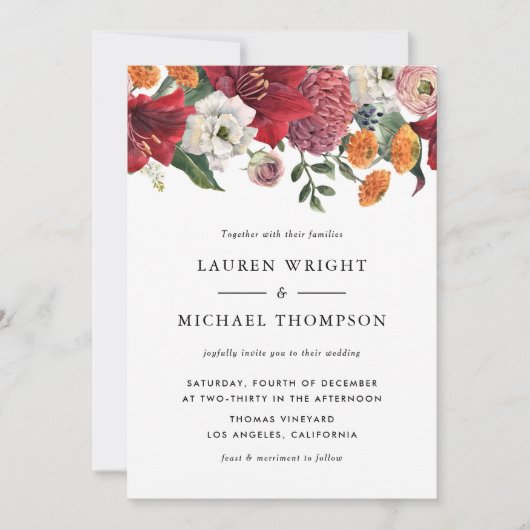 水彩赤アマリリスフローラ結婚ズ 招待状 (正面)