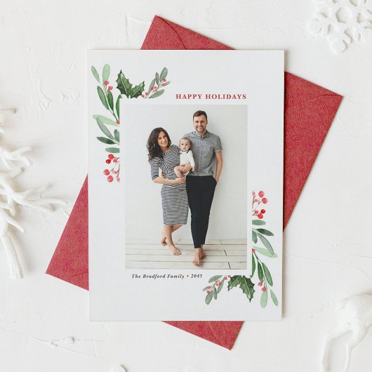 水彩赤ウィンターベリーとホリーの写真 シーズンカード