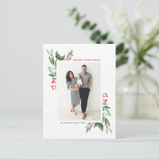 水彩赤ウィンターベリーとホリーの写真 シーズンポストカード (スタンド正面)