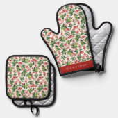 水彩赤ウィンターベリーと緑クリスマス 鍋つかみ&鍋敷きセット (正面/裏面)