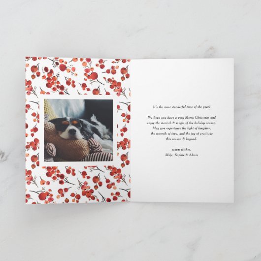 水彩赤ウィンターベリーのクリスマスフォト シーズンカード (内部)