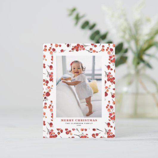 水彩赤ウィンターベリーのクリスマスフォト シーズンポストカード (スタンド正面)