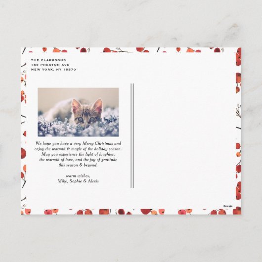 水彩赤ウィンターベリーのクリスマスフォト シーズンポストカード (裏面)